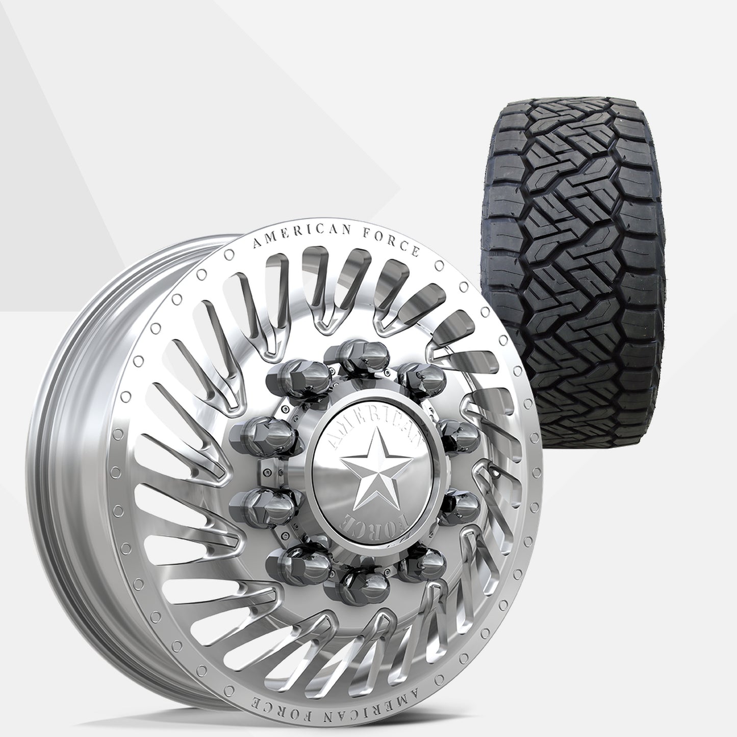 American Force Thriller Polished 24x8.25 Wheels & Nitto Tires Recon Grappler A/T 295/45R24 Tires - 24" Dually Package