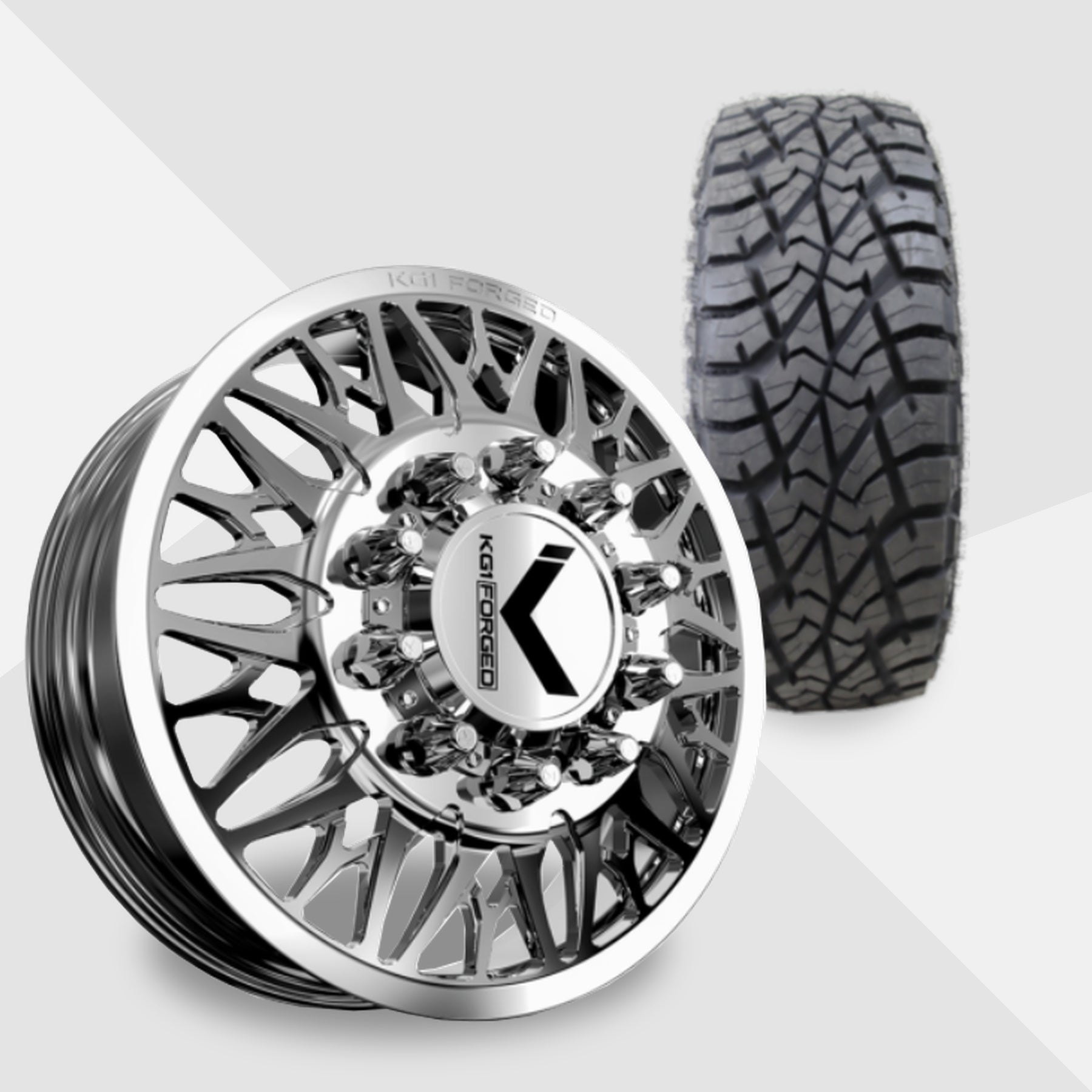 KG1 Trident-KD 22x8.25 Wheels & AMP Tires Terrain Attack R/T 35x12.50R22 Tires - 22" Dually Package