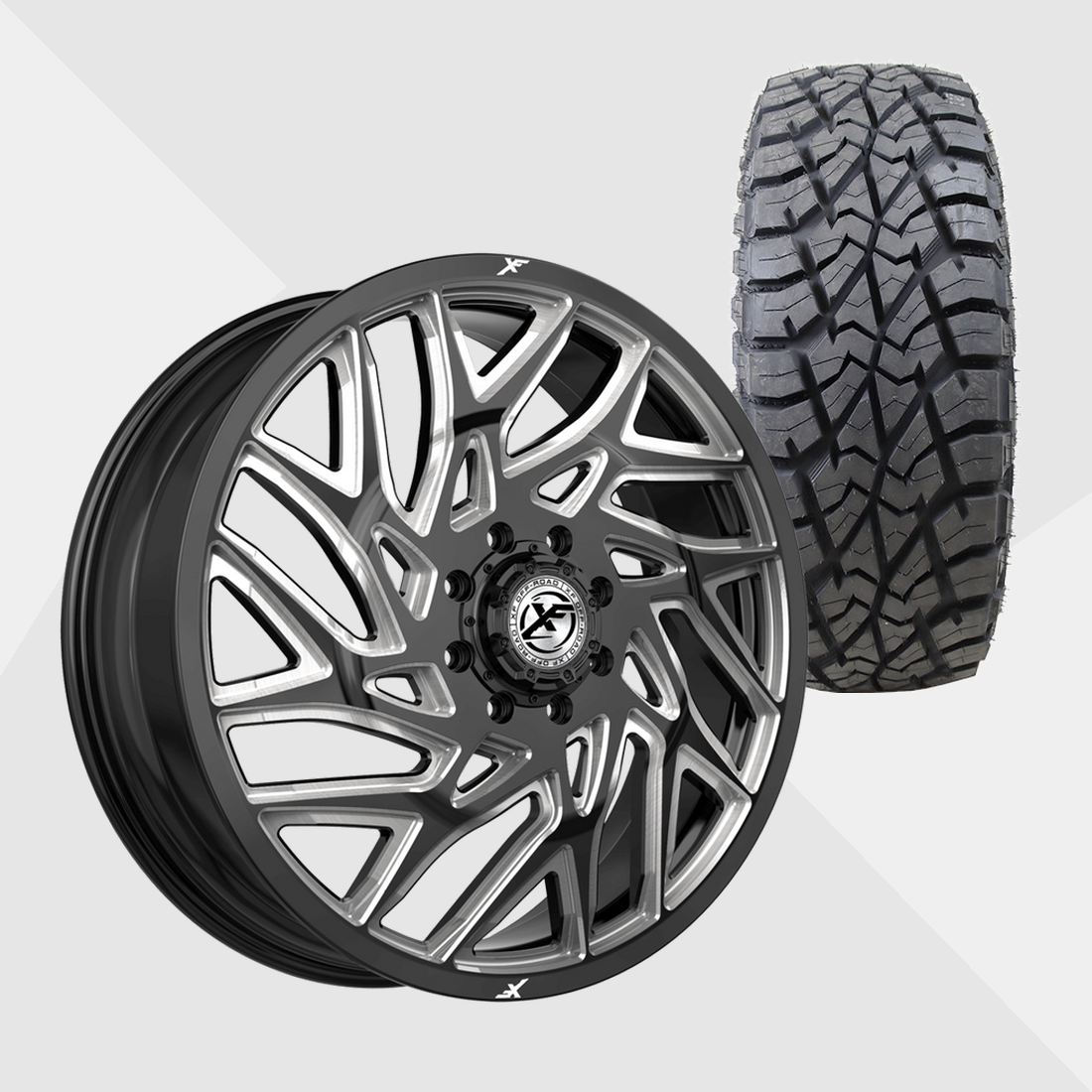 XF XF-229 Gloss Black Milled 22x8.25 8x200 with AMP Tires Terrain Attack R/T 35x12.50R22 Dually Package