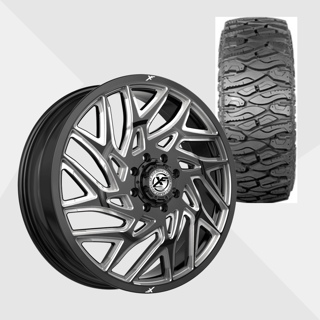XF XF-229 Gloss Black Milled 24x8.25 8x200 with Atturo Tires Trail Blade Boss M/T 38x13.50R24 Dually Package