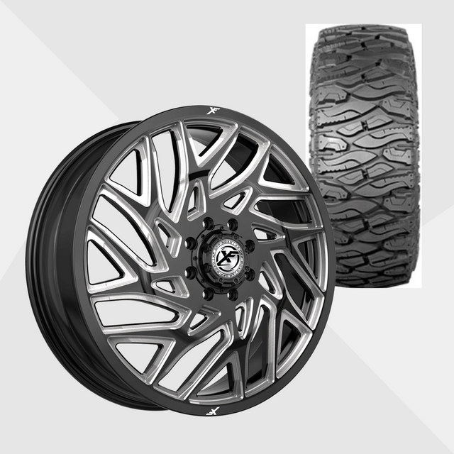 XF XF-229 Gloss Black Milled 24x8.25 8x200 with Atturo Tires Trail Blade Boss M/T 38x13.50R24 Dually Package