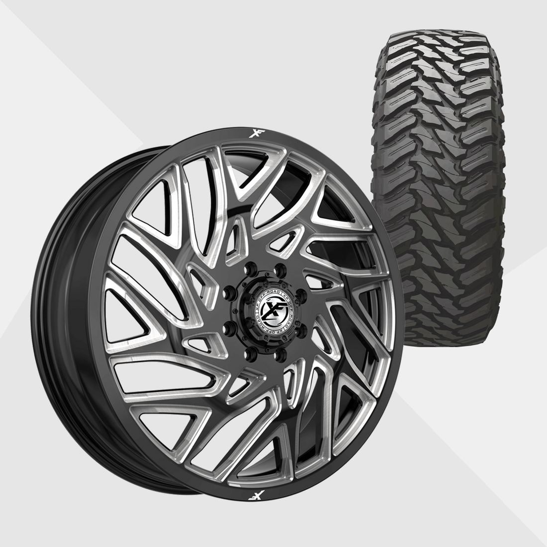XF XF-229 Gloss Black Milled 22x8.25 8x200 with Atturo Tires Trail Blade M/T 33x12.50R22 Dually Package