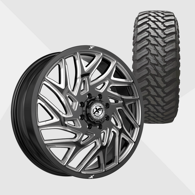 XF XF-229 Gloss Black Milled 22x8.25 8x200 with Atturo Tires Trail Blade M/T 33x12.50R22 Dually Package