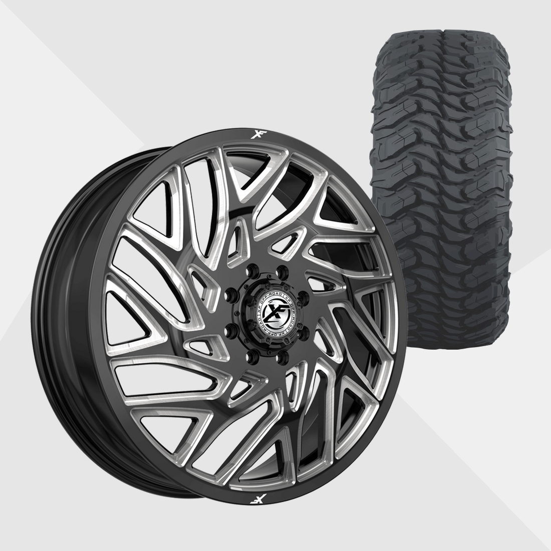 XF XF-229 Gloss Black Milled 24x8.25 8x200 with Atturo Tires Trail Blade MTS 35x13.50R24 Dually Package