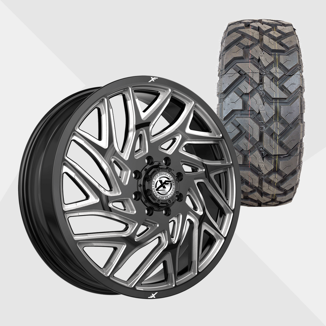 XF XF-229 Gloss Black Milled 22x8.25 8x210 with Fuel Tires Gripper X/T 35x12.50R22 Dually Package