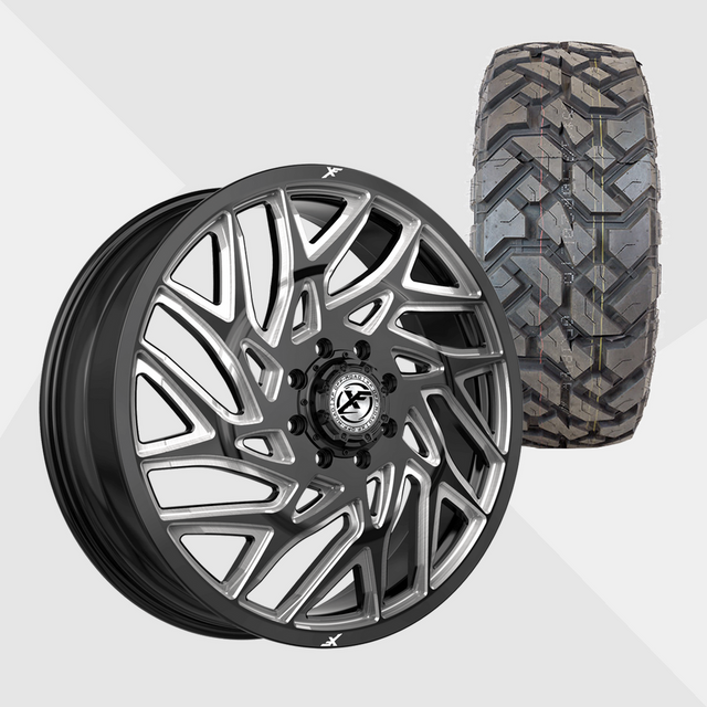 XF XF-229 Gloss Black Milled 22x8.25 8x210 with Fuel Tires Gripper X/T 35x12.50R22 Dually Package