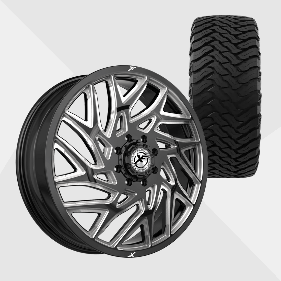 XF XF-229 Gloss Black Milled 22x8.25 8x210 with Ironman Tires All Country M/T-X 37x13.50R22 Dually Package