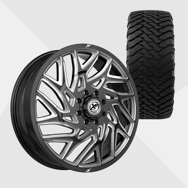 XF XF-229 Gloss Black Milled 22x8.25 8x210 with Ironman Tires All Country M/T-X 37x13.50R22 Dually Package