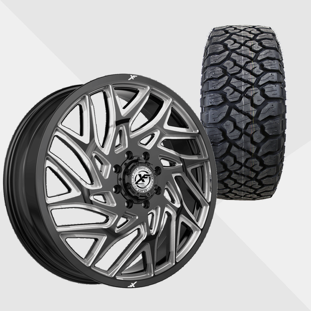 XF XF-229 Gloss Black Milled 24x8.25 8x210 with Kenda Tires Klever R/T 35x12.50R24 Dually Package