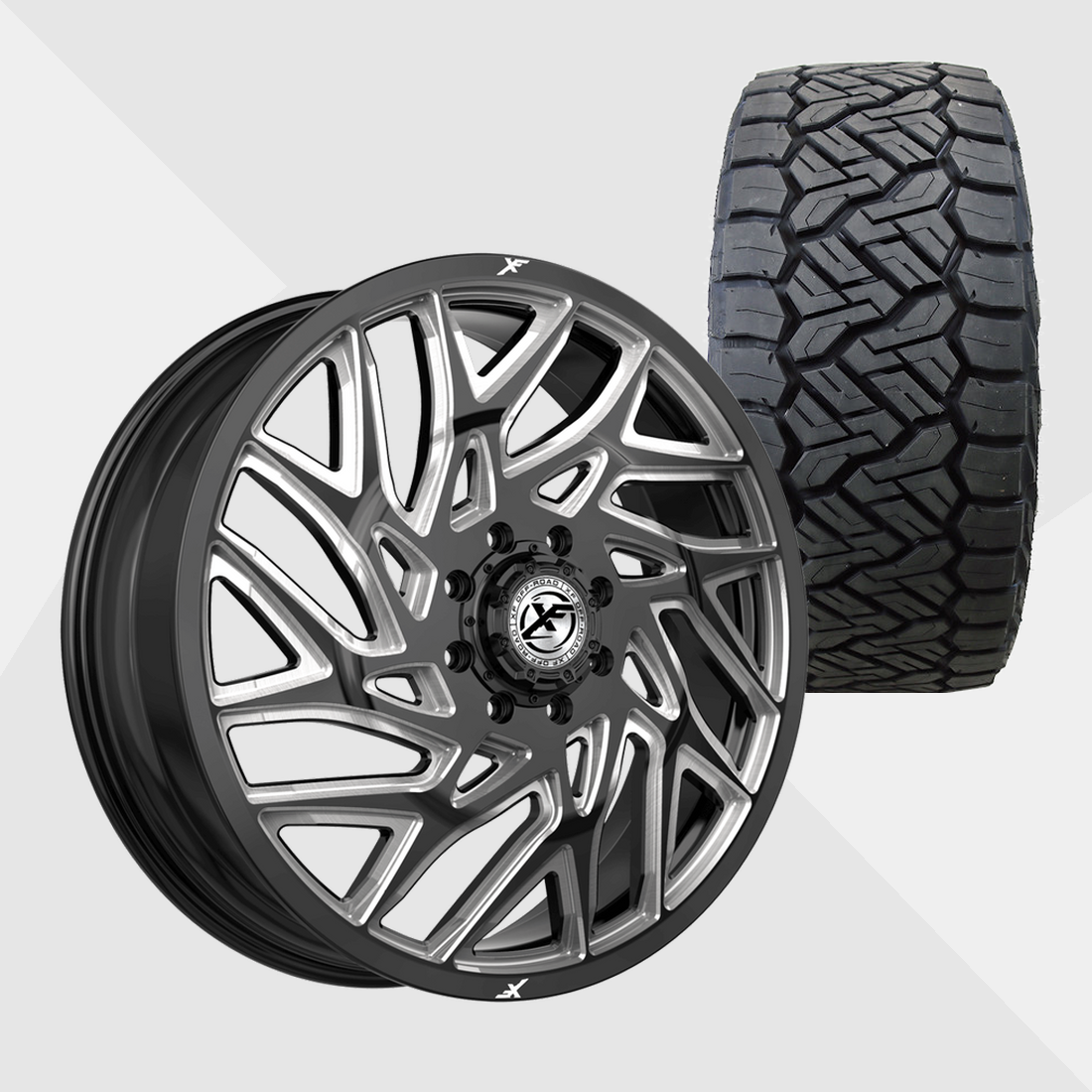 XF XF-229 Gloss Black Milled 24x8.25 10x225 with Nitto Tires Recon Grappler A/T 37x13.50R24 Dually Package