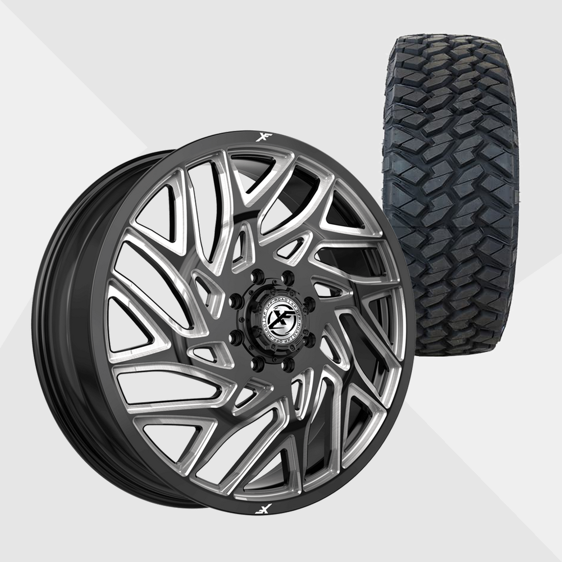 XF XF-229 Gloss Black Milled 22x8.25 8x165.1 (8x6.5) with Nitto Tires Trail Grappler M/T 35x12.50R22 Dually Package