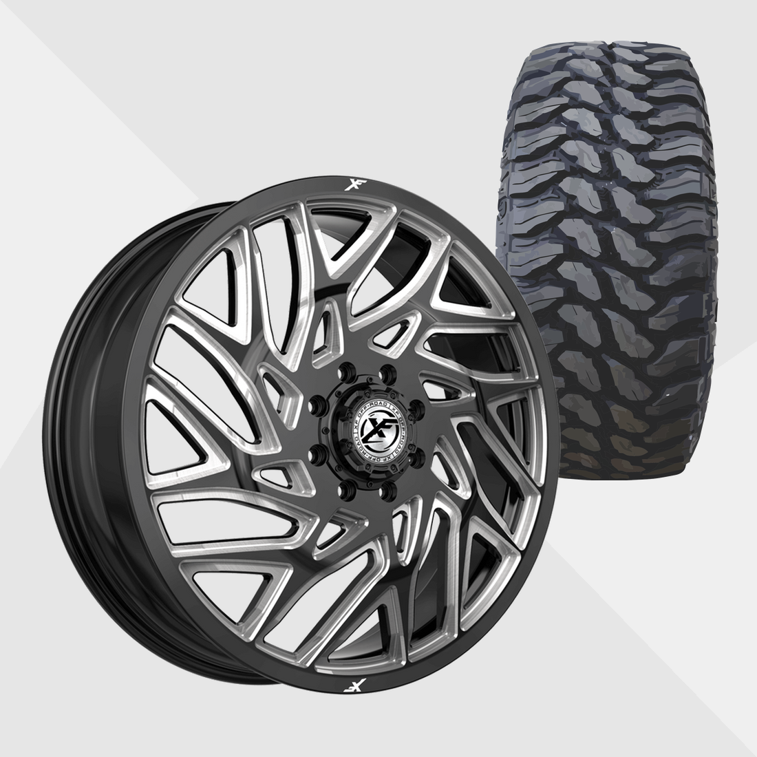 XF XF-229 Gloss Black Milled 24x8.25 8x200 with TIS Tires TIS Offroad TT1 M/T 35x13.50R24 Dually Package