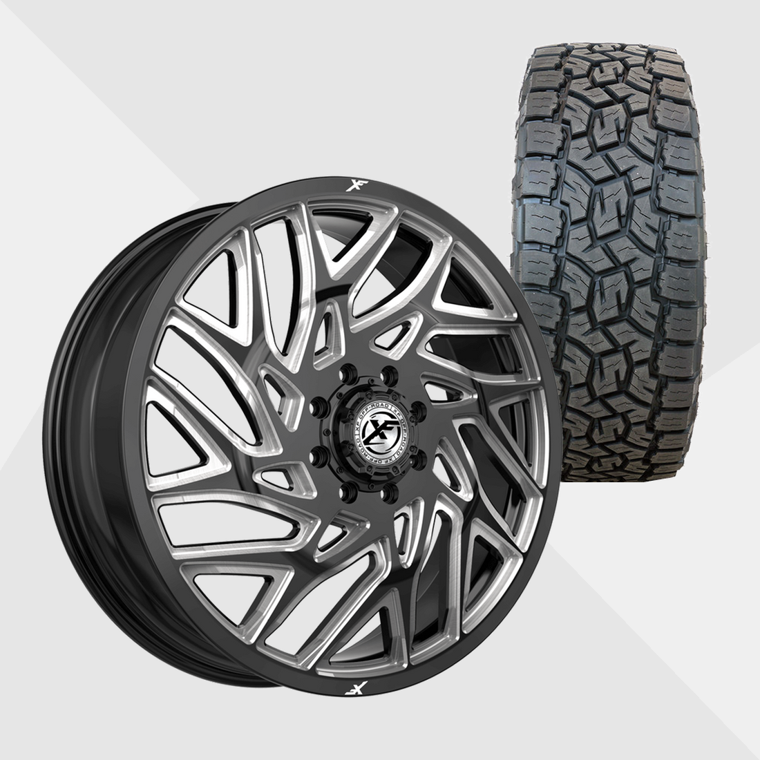 XF XF-229 Gloss Black Milled 22x8.25 10x225 with Toyo Tires Open Country A/T III 35x12.50R22 Dually Package