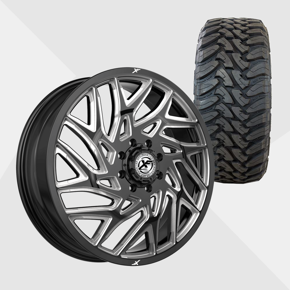 XF XF-229 Gloss Black Milled 22x8.25 8x200 with Toyo Tires Open Country M/T 33x12.50R22 Dually Package