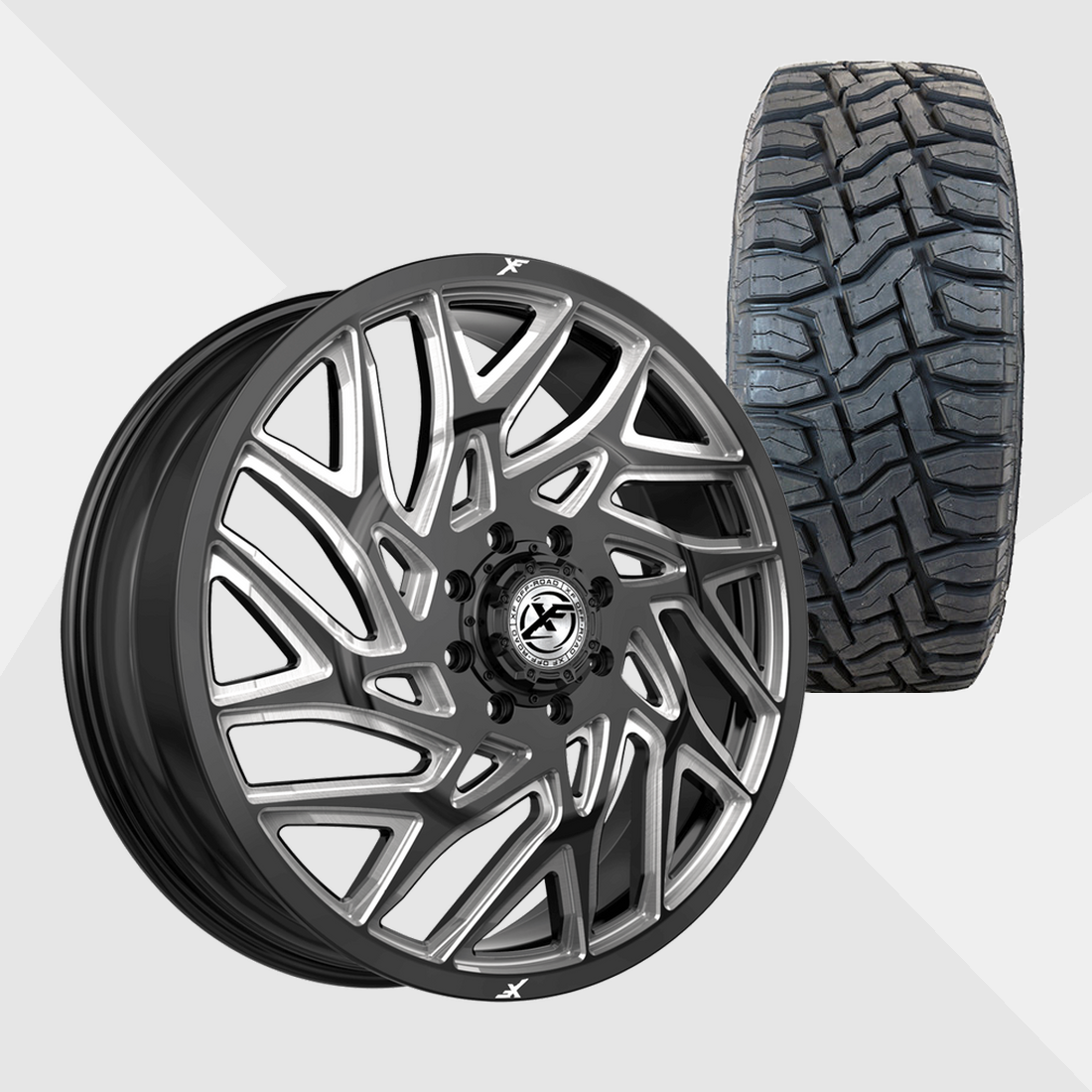 XF XF-229 Gloss Black Milled 22x8.25 8x165.1 (8x6.5) with Toyo Tires Open Country R/T 35x12.50R22 Dually Package
