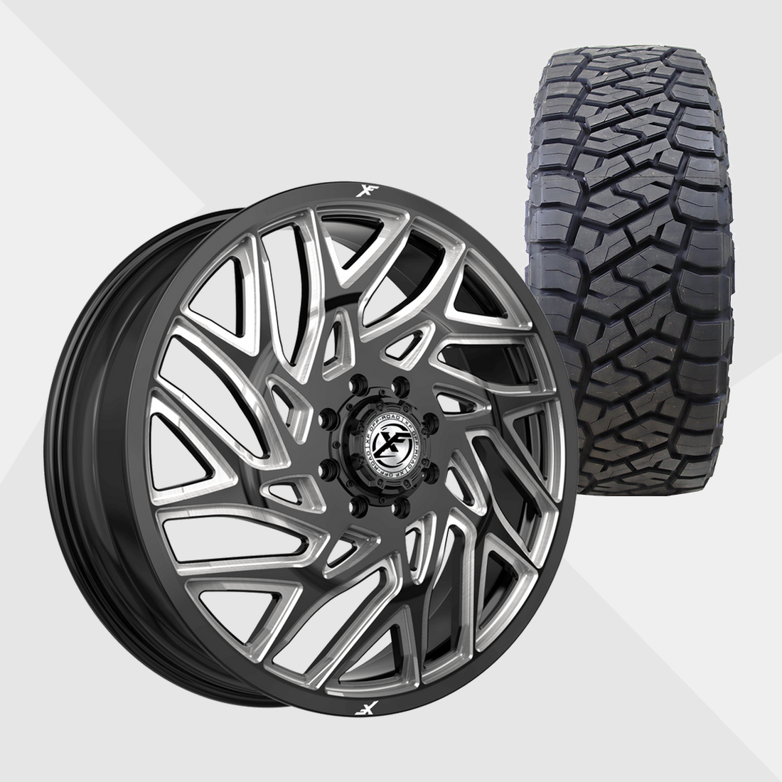 XF XF-229 Gloss Black Milled 24x8.25 8x165.1 (8x6.5) with Toyo Tires Open Country R/T Trail 38x13.50R24 Dually Package