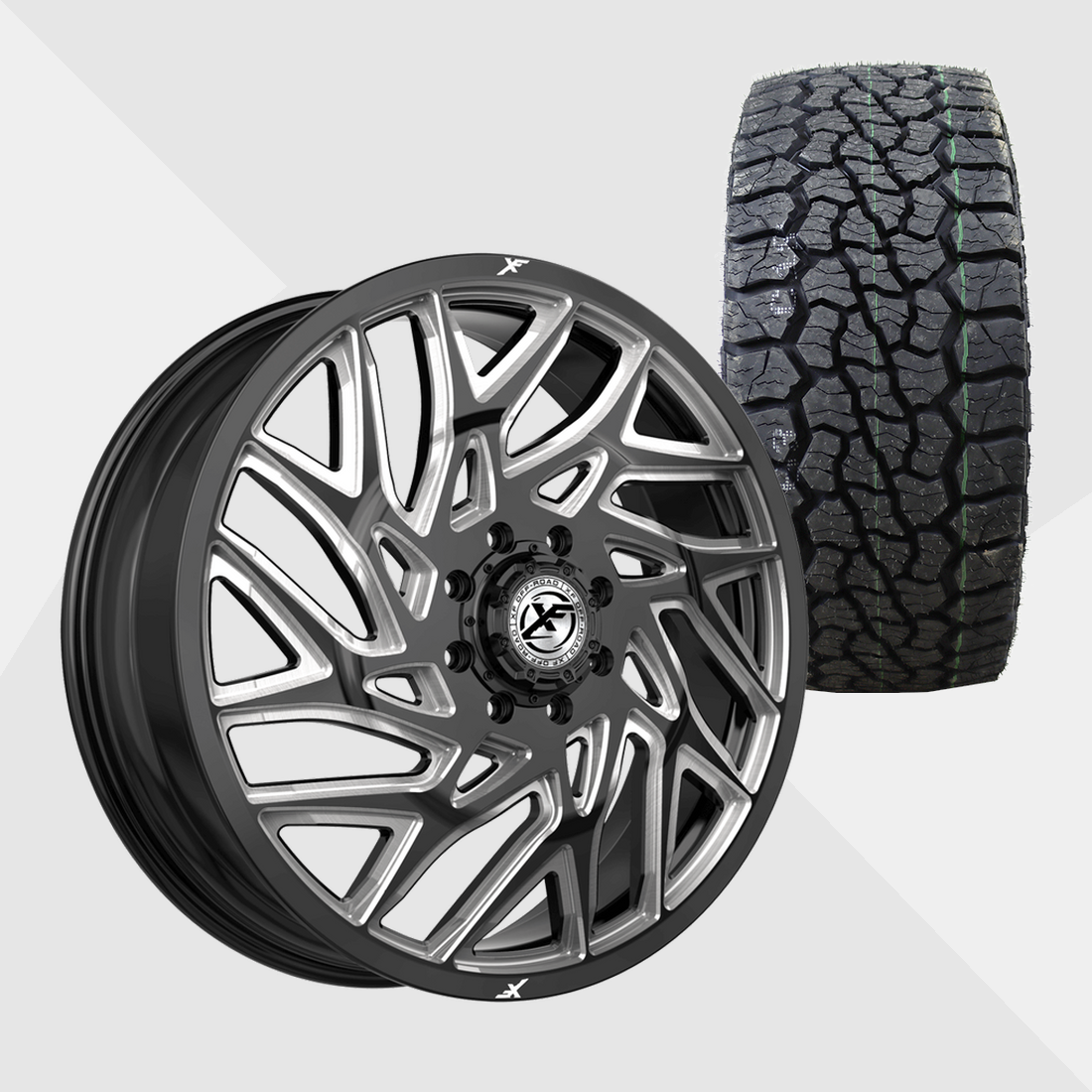 XF XF-229 Gloss Black Milled 22x8.25 8x210 with Venom Power Tires Swampthing A/T 33x12.50R22 Dually Package