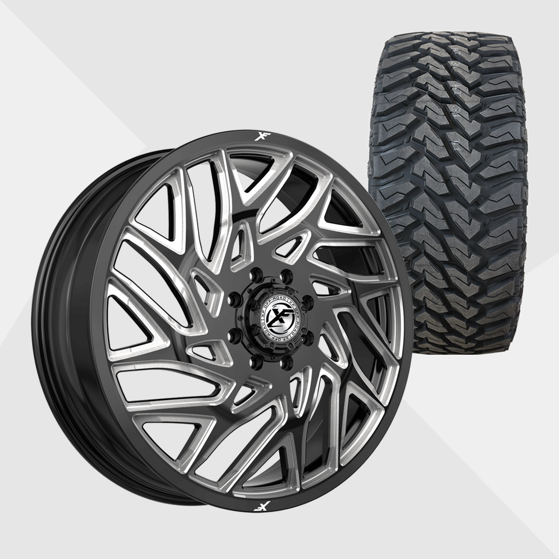 XF XF-229 Gloss Black Milled 22x8.25 8x200 with Venom Power Tires Terra Hunter M/T 33x12.50R22 Dually Package