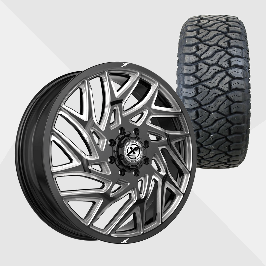 XF XF-229 Gloss Black Milled 24x8.25 10x225 with Venom Power Tires Terra Hunter R/T Plus 37x13.50R24 Dually Package