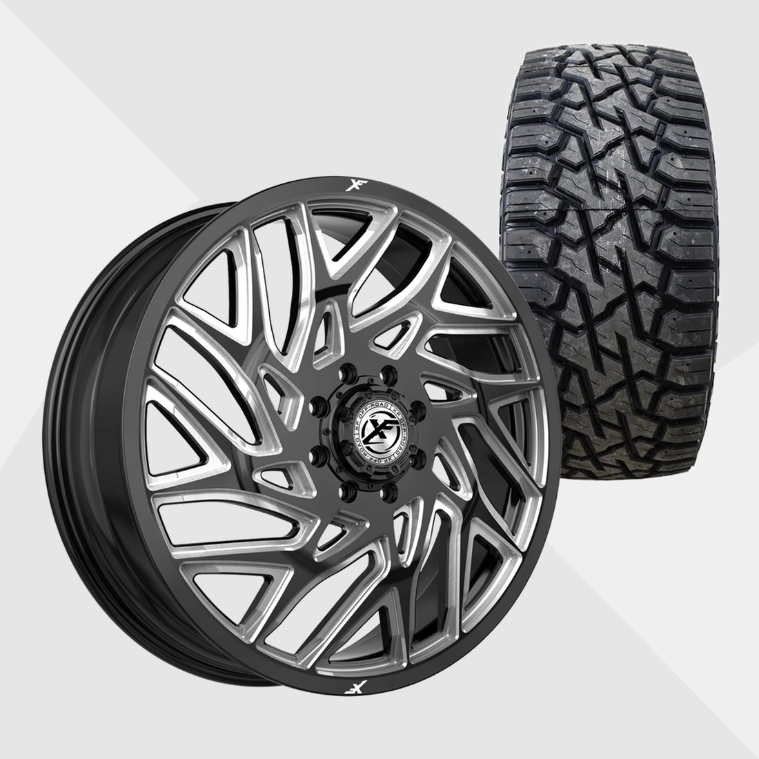 XF XF-229 Gloss Black Milled 22x8.25 10x225 with Venom Power Tires Trail Hunter R/T 33x12.50R22 Dually Package