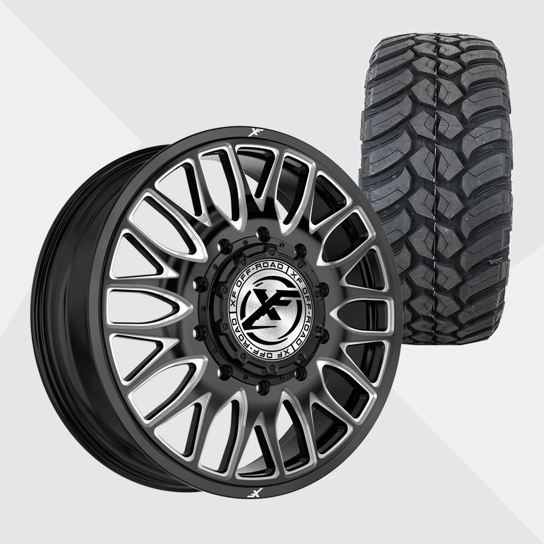 XF XF-240 Gloss Black Milled 24x8.25 8x165.1 (8x6.5) with AMP Tires Terrain Attack M/T 35x13.50R24 Dually Package