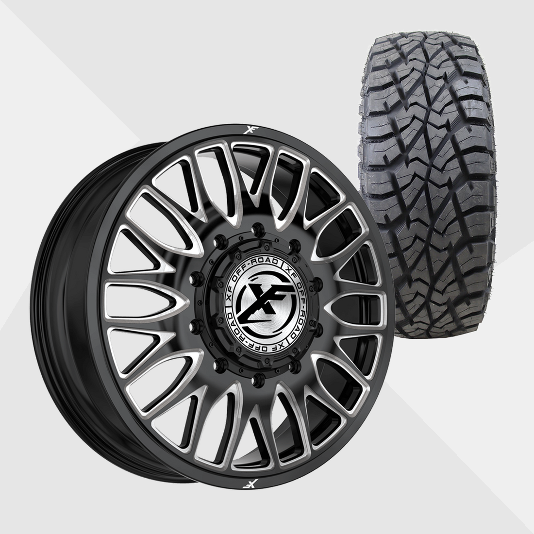 XF XF-240 Gloss Black Milled 24x8.25 8x165.1 (8x6.5) with AMP Tires Terrain Attack R/T 37x13.50R24 Dually Package