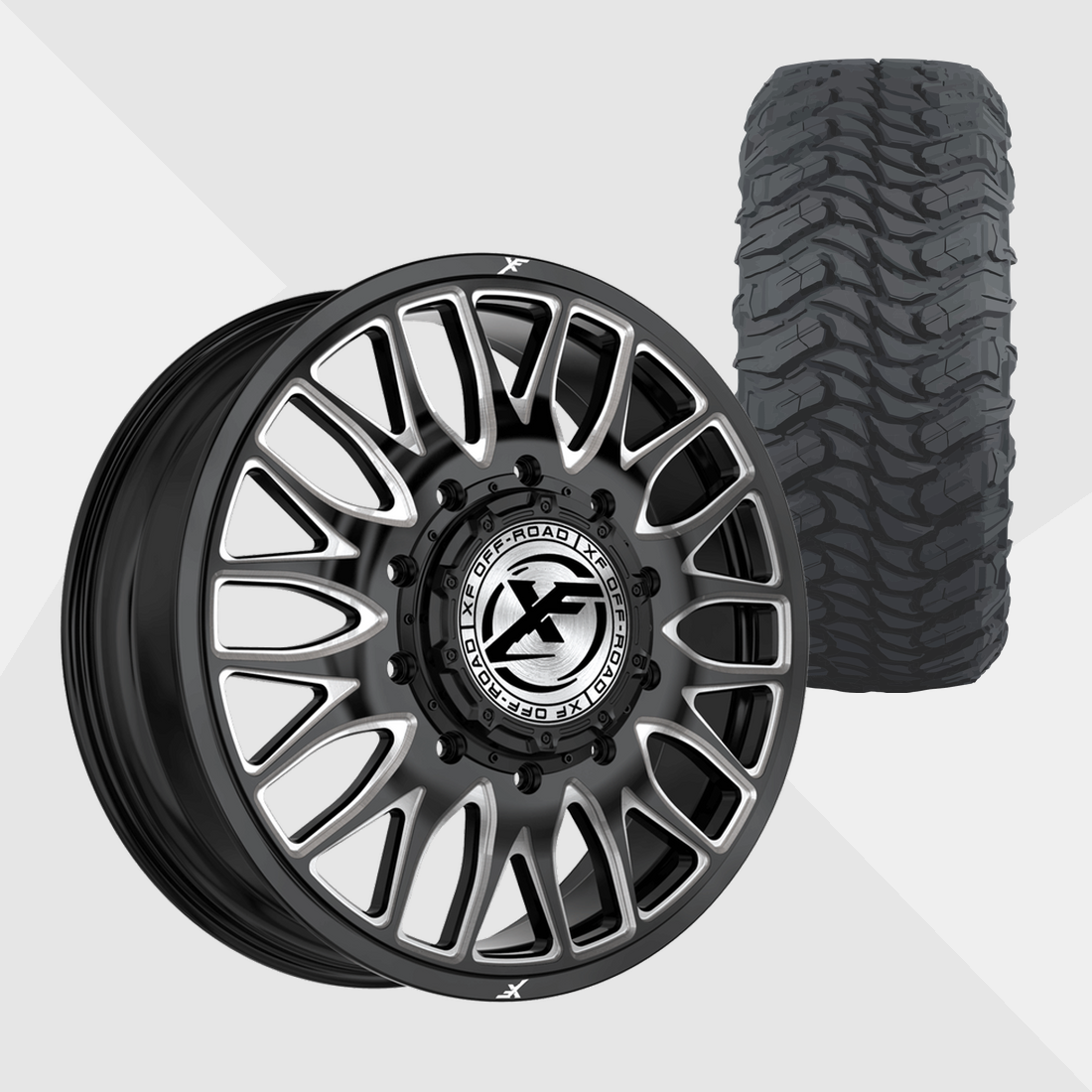 XF XF-240 Gloss Black Milled 24x8.25 8x200 with Atturo Tires Trail Blade MTS 37x13.50R24 Dually Package