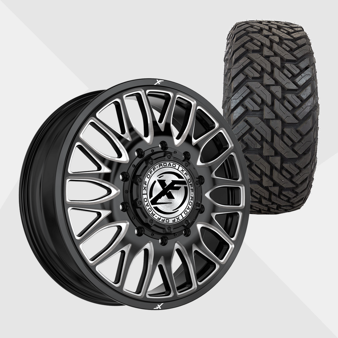 XF XF-240 Gloss Black Milled 22x8.25 8x210 with Fuel Tires Gripper M/T 35x12.50R22 Dually Package