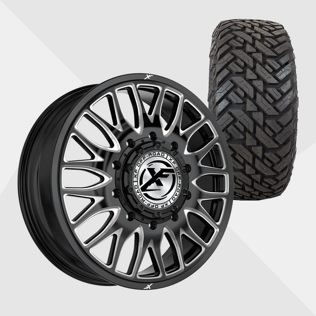 XF XF-240 Gloss Black Milled 22x8.25 8x210 with Fuel Tires Gripper M/T 35x12.50R22 Dually Package