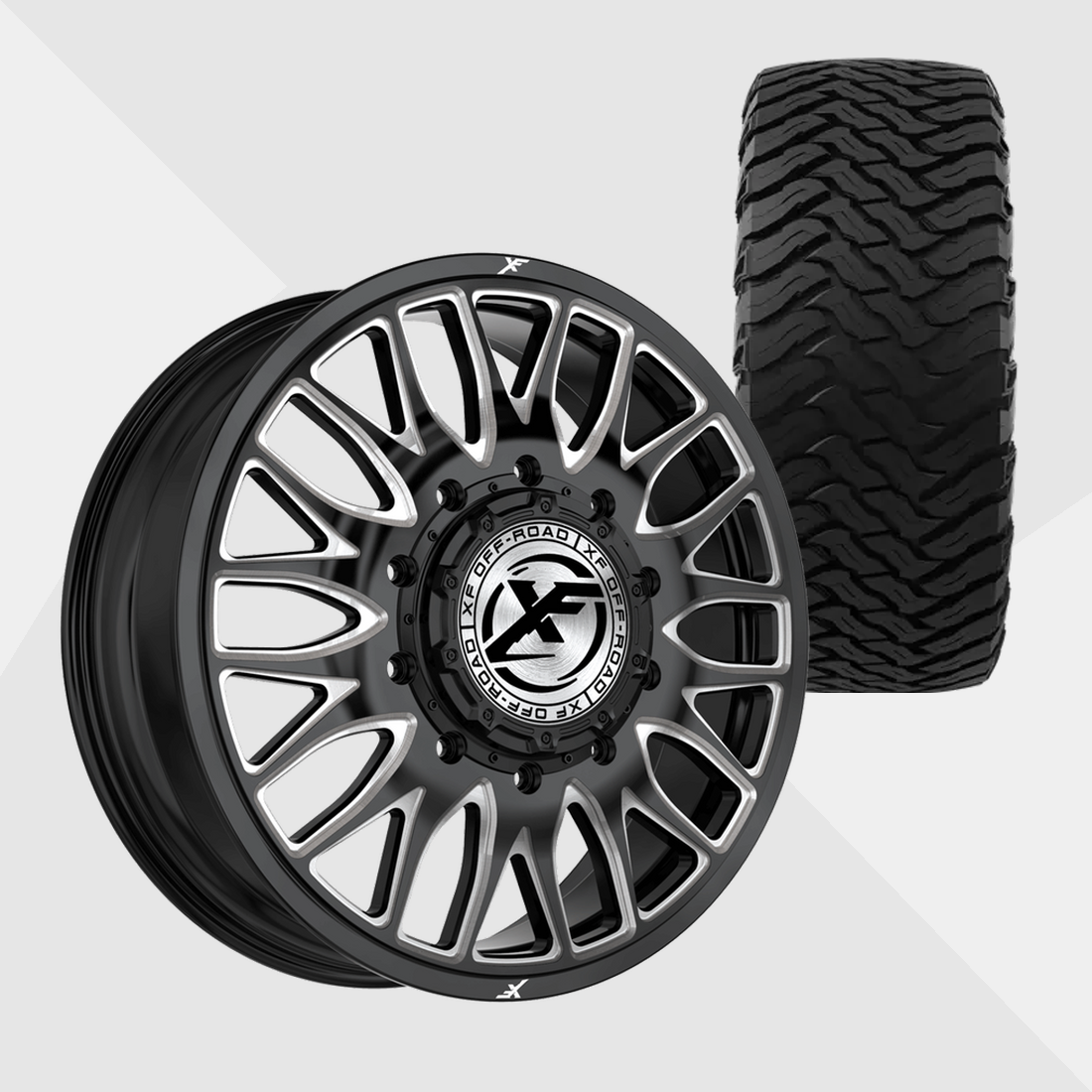 XF XF-240 Gloss Black Milled 22x8.25 8x210 with Ironman Tires All Country M/T-X 37x13.50R22 Dually Package