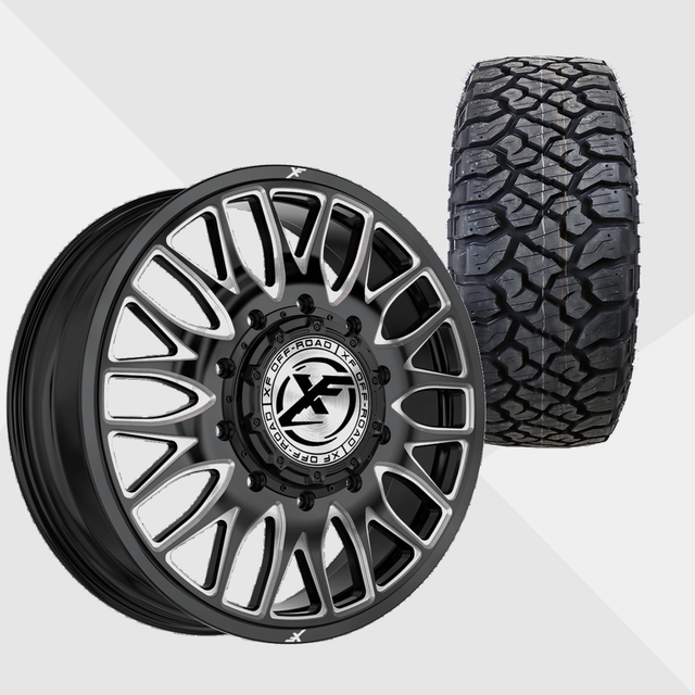 XF XF-240 Gloss Black Milled 24x8.25 8x200 with Kenda Tires Klever R/T 35x12.50R24 Dually Package