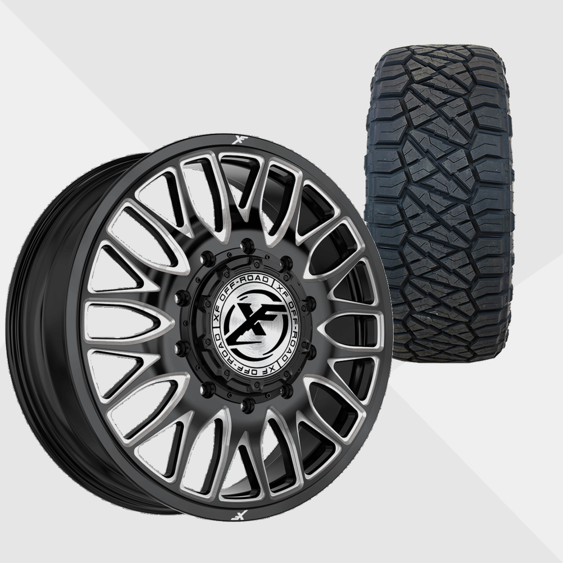 XF XF-240 Gloss Black Milled 22x8.25 8x165.1 (8x6.5) with Nitto Tires Ridge Grappler 285/55R22 Dually Package