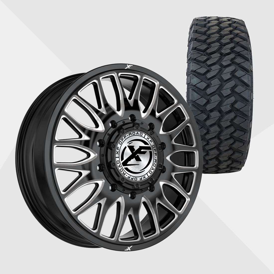 XF XF-240 Gloss Black Milled 22x8.25 8x200 with Nitto Tires Trail Grappler M/T 285/55R22 Dually Package
