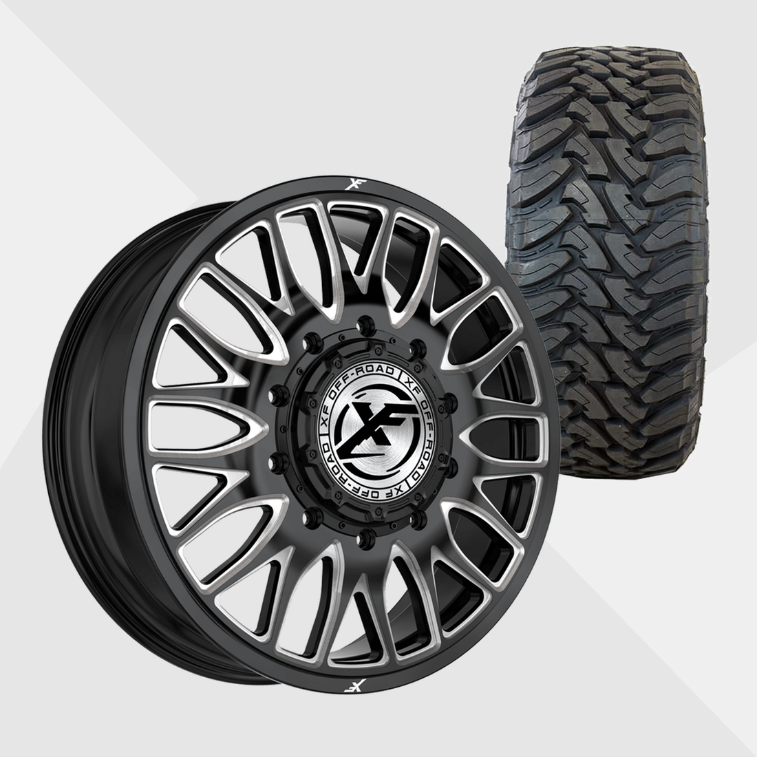 XF XF-240 Gloss Black Milled 22x8.25 10x225 with Toyo Tires Open Country M/T 295/55R22 Dually Package