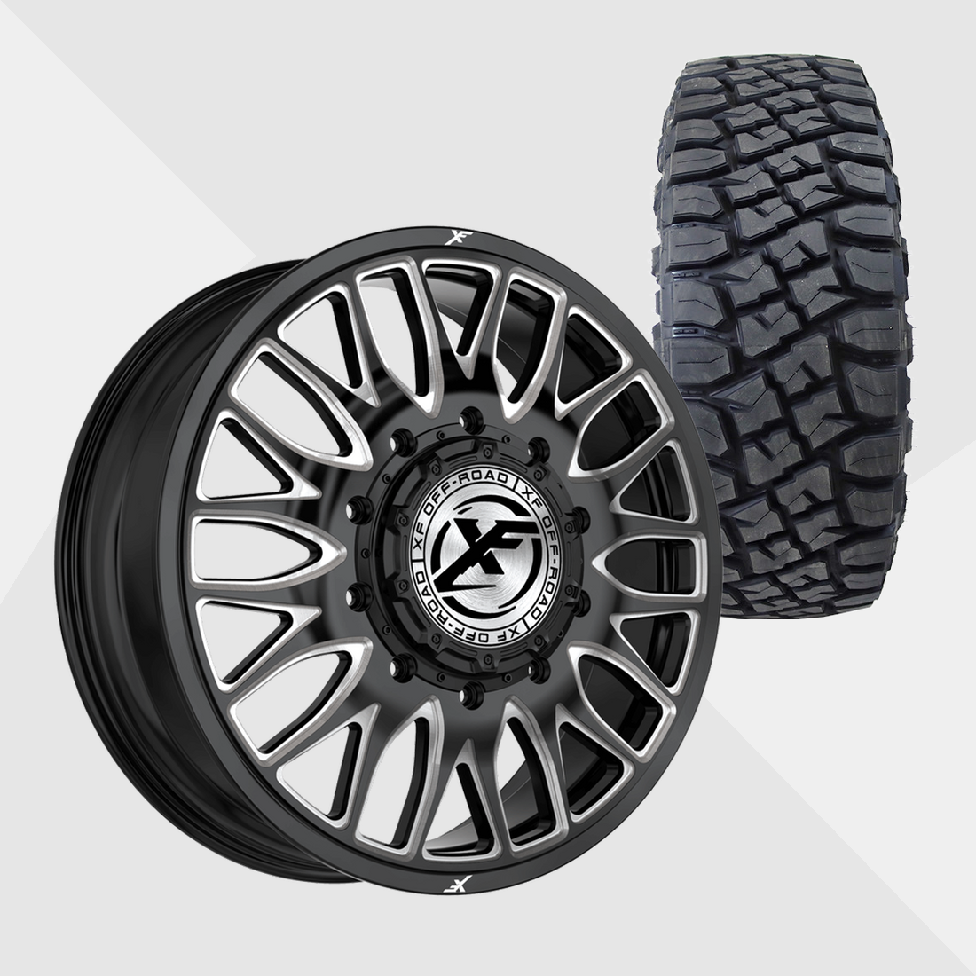 XF XF-240 Gloss Black Milled 24x8.25 8x200 with Toyo Tires Open Country R/T Pro 315/50R24 Dually Package