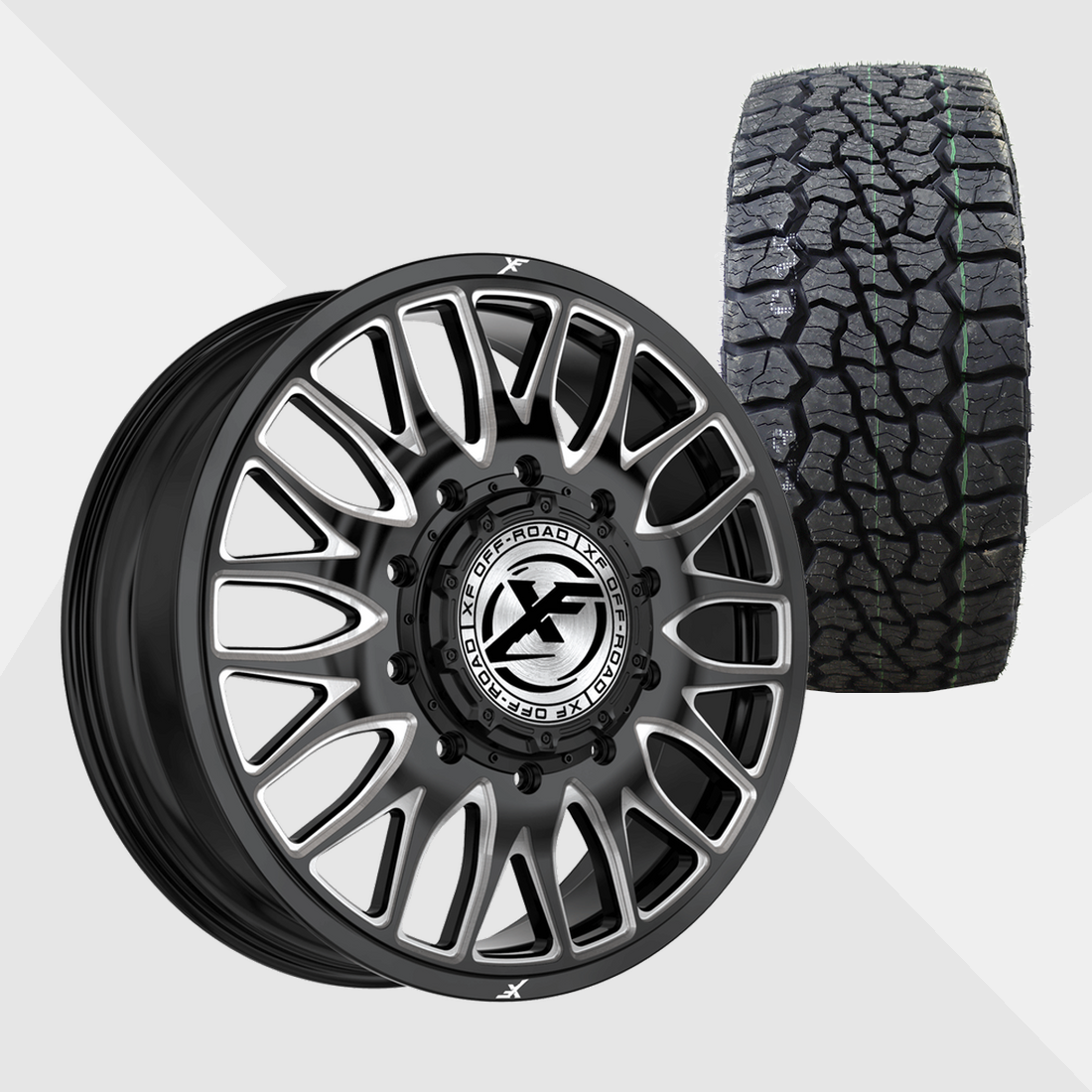 XF XF-240 Gloss Black Milled 22x8.25 10x225 with Venom Power Tires Swampthing A/T 33x12.50R22 Dually Package