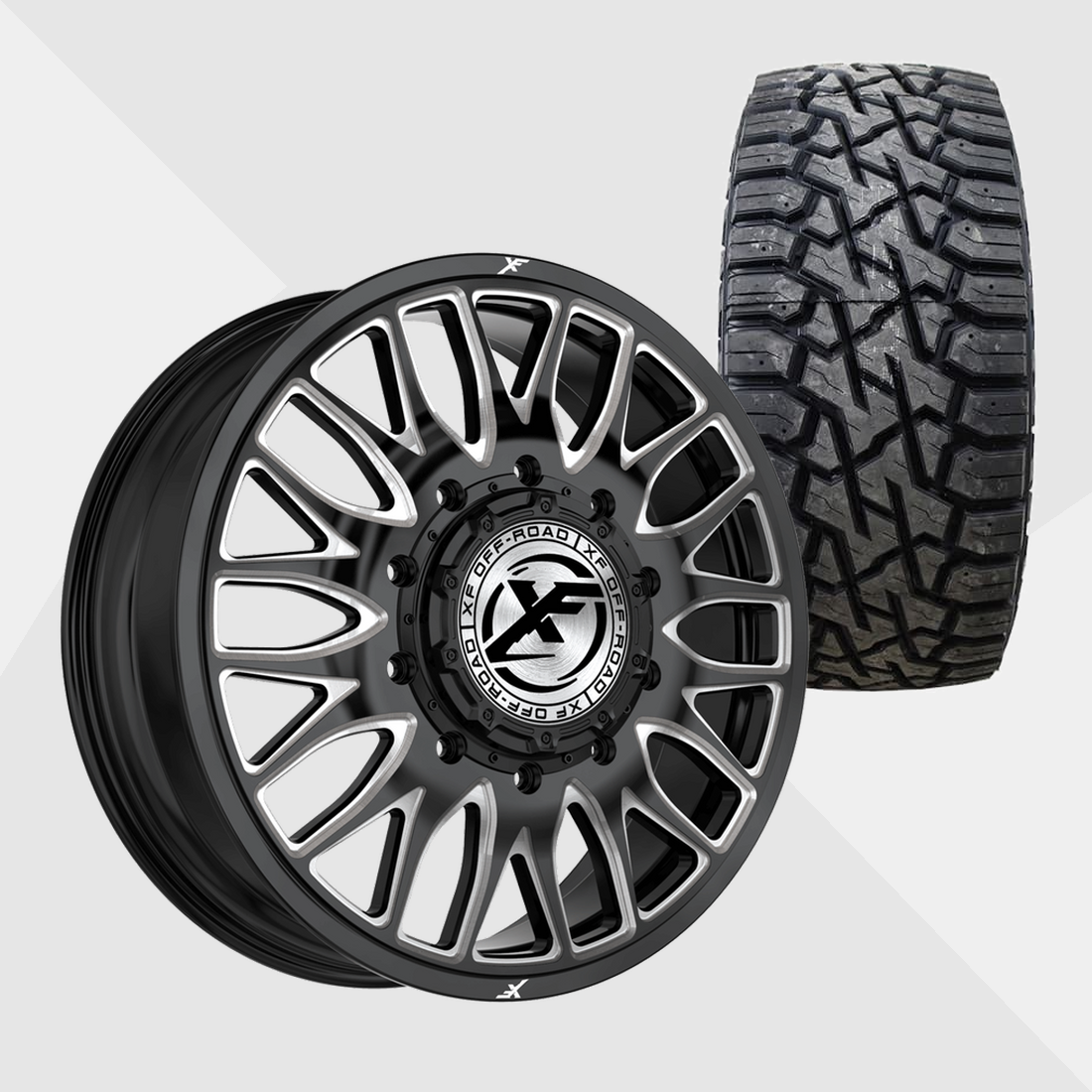 XF XF-240 Gloss Black Milled 22x8.25 8x210 with Venom Power Tires Trail Hunter R/T 35x12.50R22 Dually Package