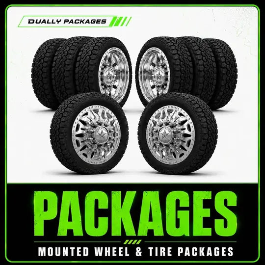 Mounted wheel and tire packages for dually trucks